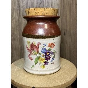 Signed  Studio Art Pottery Brown And White Floral Crock/Vase W/Cork Lid